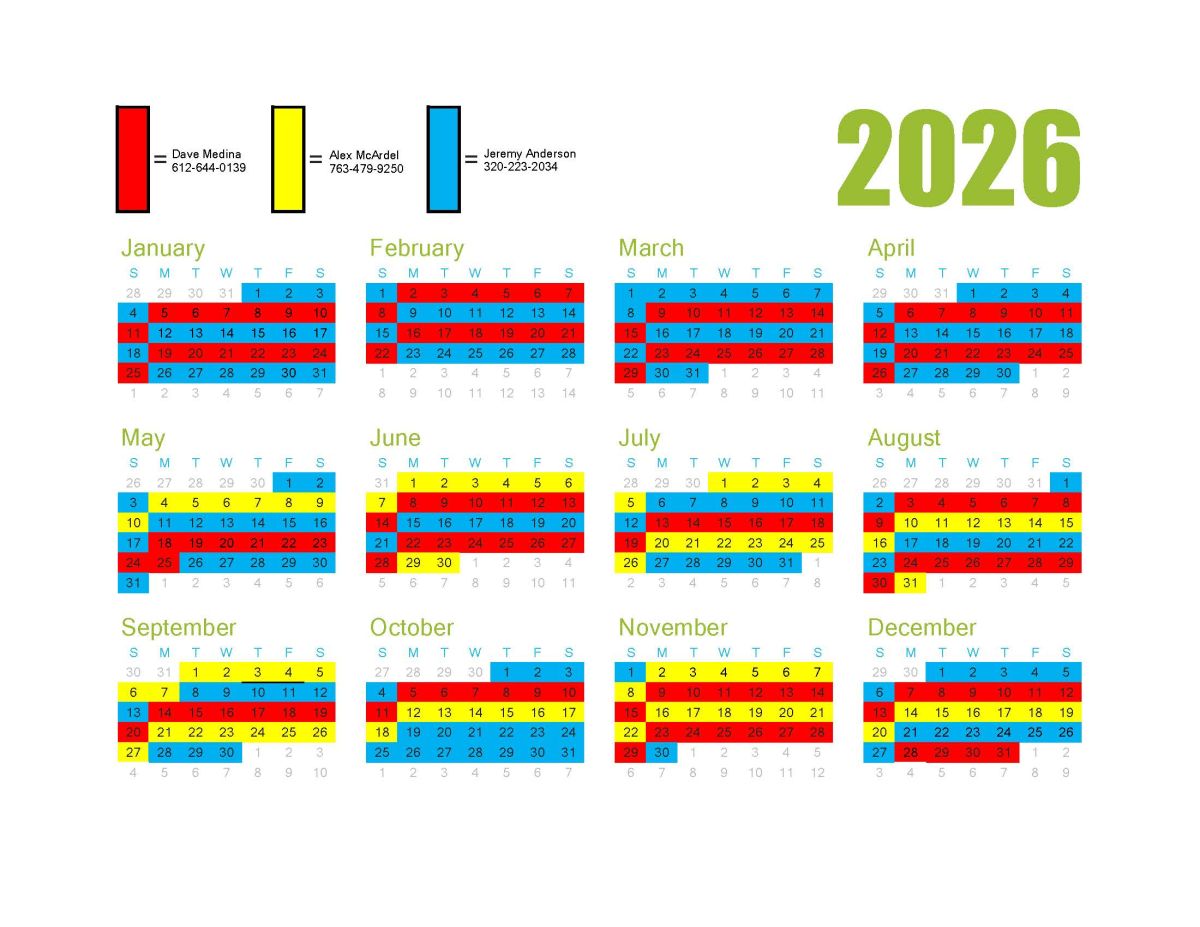PeopleService 2026 On Call Calendar